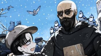 1girl 3boys aged_down bald bare_tree beard bible_(object) bird black_hair blue_jay chicken commentary diva_(hyxpk) english_commentary facial_hair father_(diva) grey_hat hat highres little_nuns_(diva) multiple_boys no_eyewear outdoors police police_uniform policeman policewoman priest round_eyewear snow sunglasses tree