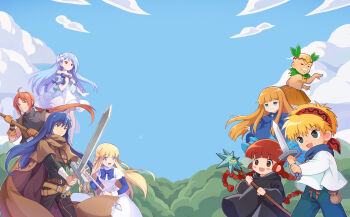 1girl 4boys 4girls :d ahoge arm_wrap armlet artist_request asymmetrical_bangs bald bandana bare_shoulders belt belt_buckle benya_(tales_weaver) black_eyes black_hood black_pants black_robe black_shirt blonde_hair blue_bow blue_capelet blue_dress blue_eyes blue_hair blue_jacket blue_pants blue_shirt blue_sky blunt_bangs blush_stickers boris_jinneman bow braid brown_bag brown_belt brown_cape brown_capelet brown_skirt buckle bush cape capelet closed_mouth cloud collared_dress crossed_belts crossover dancing day dot_nose drawstring dress dress_bow eyelashes facial_hair flower gloves gold_armlet grass_skirt hair_flower hair_ornament hair_tie headpiece high_collar highres holding holding_staff hood hood_down hooded_robe jacket jewelry juju_coo_shnamur kukuri_(mahoujin_guruguru) layered_dress layered_sleeves legs_apart lily_(flower) long_dress long_hair long_sidelocks long_sleeves looking_to_the_side loose_belt low-braided_long_hair low-tied_long_hair low_ponytail mahoujin_guruguru medium_dress multiple_boys multiple_girls mustache nexon nike_(mahoujin_guruguru) off-shoulder_shirt off_shoulder official_art old old_man open_mouth orange_eyes orange_gloves orange_hair outdoors pants ponytail purple_bow red_bandana red_eyes robe scythe second-party_source shirt shirt_bow shoes short_over_long_sleeves short_sleeves short_sword sidelocks sivelin_uuo skirt sky sleeve_bow smile solo staff standing straight_hair strapless strapless_dress strapless_shirt sword sword_tassel tales_weaver tassel tichiel_juspian tongue torn_clothes torn_shirt turtleneck turtleneck_shirt twin_braids udberg_eldol very_long_hair weapon white_dress white_facial_hair white_flower white_shirt white_sleeves