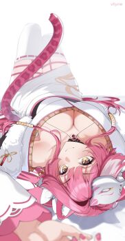 1girl absurdres animal_ears arm_up breasts cat_ears cat_girl cat_tail cleavage closed_mouth commentary highres hololive hololive_english japanese_clothes kimono large_breasts looking_at_viewer lying mask mask_on_head neru_(vhyrie) on_back pink_hair pink_nails raora_panthera raora_panthera_(new_year) simple_background smile solo tail thighhighs virtual_youtuber white_background white_kimono white_thighhighs yellow_eyes