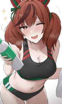 1girl ;d absurdres animal_ears black_sports_bra bottle breasts breath brown_eyes brown_hair cleavage collarbone commentary cup earrings english_commentary highres holding holding_bottle holding_cup horse_ears horse_girl jewelry large_breasts leaning_forward long_hair looking_at_viewer multicolored_hair namikare nice_nature_(umamusume) one_eye_closed open_mouth smile solo sports_bra streaked_hair sweat two_side_up umamusume water_bottle white_background
