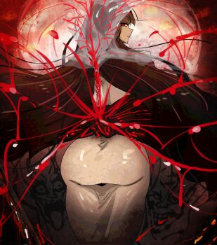 1girl arczaeon ass black_hair bridal_veil commentary english_commentary highres hood japanese_clothes kimono limbus_company long_hair looking_at_viewer looking_back project_moon red_eyes ryoshu_(project_moon) see-through_clothes shiromuku solo uchikake veil wataboushi white_kimono