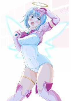 1girl arm_up blue_hair blush boots breasts covered_navel djibril_(makai_tenshi_djibril) elbow_gloves energy_wings gloves green_eyes halo hiyama_izumi_(wttdh) jewelry magical_girl makai_tenshi_djibril manabe_rika one-piece_swimsuit open_mouth pink_boots pink_gloves pink_thighhighs salute school_swimsuit short_hair solo standing swimsuit swimsuit_costume thigh_boots thighhighs thighlet thighs white_one-piece_swimsuit
