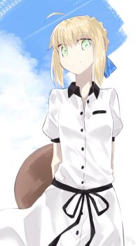 1girl ahoge arms_behind_back artoria_pendragon_(fate) blonde_hair blue_ribbon blue_sky braid breasts commentary_request dress fate/grand_order fate_(series) green_eyes hair_bun hair_ribbon long_hair looking_at_viewer puffy_short_sleeves puffy_sleeves ribbon saber_(fate) short_sleeves sidelocks sky small_breasts smile solo white_dress yubeshi_(zecxl)