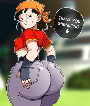 1girl absurdres ass bandana black_eyes black_hair blurry blurry_background cropped_shirt denim divine_wine_(vampiranhya) dragon_ball dragon_ball_gt english_text female_focus fingerless_gloves gloves grin hand_on_own_ass highres huge_ass jeans kyojiri_loli loli looking_at_viewer looking_back orange_bandana pan_(dragon_ball) pants red_shirt shirt short_hair smile smug solo speech_bubble