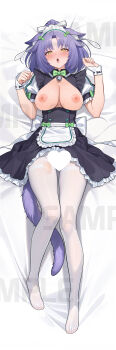 1girl absurdres animal_ear_fluff animal_ears apron arms_up black_dress blush breasts breasts_out cat_ears cat_girl cat_tail censored cinnamon_(nekopara) clothes_lift dakimakura_(medium) dress dress_lift feet full_body heart heart_censor highres kaguya_white_rabbit large_breasts legs long_hair lying maid_headdress nekopara nipples no_shoes on_back open_mouth panties panties_under_pantyhose pantyhose ponytail purple_hair ribbon sample_watermark short_dress solo tail thighs toes torn_clothes torn_pantyhose underwear waist_apron watermark white_apron white_panties white_pantyhose wrist_cuffs yellow_eyes