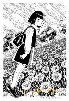 Rule 34 | 1girl, artist name, backpack, bag, blunt bangs, bob cut, border, closed mouth, collared shirt, commentary request, coreopsis (flower), dated, dot mouth, dutch angle, field, flower, flower field, from side, full body, greyscale, hand up, hatching (texture), linear hatching, loafers, looking at viewer, looking to the side, monochrome, original, outdoors, pleated skirt, shirt, shoes, short hair, skirt, solo, standing, traditional media, tree, vest, white border, zpihr6jprso2r2l