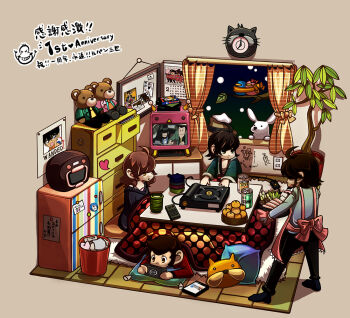 1970s_(style) 1girl 3boys absurdly_detailed_composition ai_ai_gasa alcohol apron arsene_lupin_iii beer bird branch calendar_(object) can castle_of_cagliostro character_request controller curtains cushion dissidia_final_fantasy doraemon doraemon_(character) edogawa_conan electrical_outlet english_text engrish_text final_fantasy floorplan food fruit fujiya_takao green_jacket handheld_game_console heart henohenomoheji interior ishikawa_goemon_xiii isometric jacket jigen_daisuke kotatsu kudou_shin'ichi loaded_interior lupin_iii magnet meitantei_conan mine_fujiko multiple_boys necktie oldschool orange_necktie pink_jacket plant playstation_portable plug poster poster_(medium) poster_(object) potted_plant rabbit ranguage red_jacket refrigerator refrigerator_magnet remote_control retro_artstyle room snow stuffed_animal stuffed_toy table teddy_bear television tms_entertainment translation_request trash_can typo vegetable videocassette wanted_poster yellow_necktie