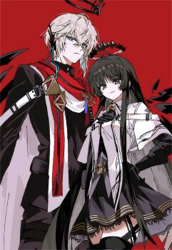 Rule 34 | 1boy, 1girl, arknights, ascot, black ascot, black eyes, black hair, black halo, black pants, black shirt, black skirt, black wings, cousins, cowboy shot, detached wings, executor (arknights), executor the ex foedere (arknights), grey eyes, grey hair, halo, highres, hime cut, jacket, looking at viewer, pants, pleated skirt, red background, red scarf, scarf, shirt, simple background, skirt, smile, syst098, virtuosa (arknights), white jacket, wings