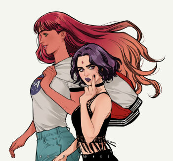 2girls artist_name bare_arms bare_shoulders black_choker choker closed_mouth cowboy_shot dc_comics denim forehead_jewel grey_jacket grey_shirt hand_up jacket jeans logo long_hair multiple_girls nail_polish nasa_logo pants pink_eyes purple_hair purple_lips raven_(dc) red_hair red_jacket romy_jones_(romyjonesdraws) shirt shirt_tucked_in short_hair simple_background smile starfire teen_titans teeth white_background