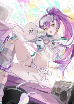 1girl absurdres bada_bam bandaid bandaid_on_face commentary demon_tail fang gloves goggles goggles_on_head green_eyes high_ponytail highres holding holding_megaphone hololive jacket knee_pads knee_up loose_socks megaphone multicolored_gloves multicolored_hair navel open_mouth ponytail purple_hair short_shorts shorts smile socks solo stomach tail thighs tokoyami_towa tokoyami_towa_(cyberpunk) two-tone_gloves two-tone_hair virtual_youtuber white_gloves white_hair white_jacket white_shorts white_socks