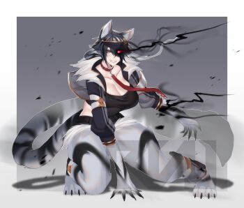 1girl animal_ears animal_hands belt black_belt black_hair black_jacket black_tube_top border breasts cero_rains cleavage collar collarbone commentary commission english_commentary fangs fingernails full_body fur-trimmed_jacket fur_trim glowing glowing_eye gradient_background grey_background hair_over_one_eye highres jacket large_breasts leg_warmers light_particles long_sleeves looking_to_the_side monster_girl open_clothes open_jacket orange_eyes original outside_border red_collar shadow sharp_fingernails sharp_toenails short_hair signature slit_pupils smile solo squatting strapless tail teeth thighs tiger_ears tiger_girl tiger_paws tiger_tail toenails tube_top watermark white_border