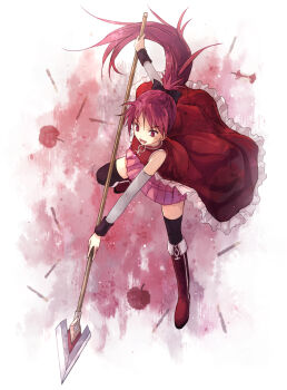 black_bow black_thighhighs boots bow detached_sleeves dress full_body gem hair_bow highres holding holding_polearm holding_weapon knee_boots long_hair magical_girl mahou_shoujo_madoka_magica mahou_shoujo_madoka_magica_(anime) open_mouth pink_skirt pleated_skirt polearm red_boots red_dress red_eyes red_gemstone red_hair red_theme sakura_kyoko sakura_kyoko_(magical_girl) skirt soul_gem thighhighs weapon yakka