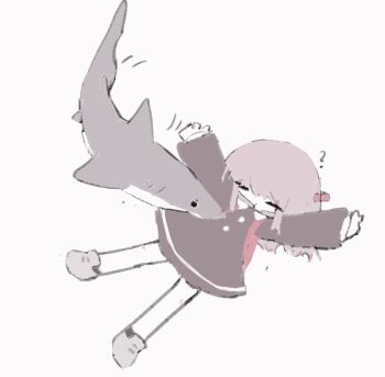1girl ? animated animated_gif arms_up attack backpack bag biting bow che_(cagelabyrinth) closed_mouth dot_mouth dress highres no_nose original pale_color pastel_colors pink_bow pink_hair randoseru red_eyes shark sidelocks surreal white_background