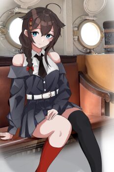 1girl ahoge asymmetrical_legwear belt black_dress black_hair black_necktie black_thighhighs blue_eyes braid commentary_request detached_sleeves dress feet_out_of_frame hair_flaps hair_over_shoulder highres kantai_collection long_hair looking_at_viewer miron_(mirona33) necktie official_alternate_costume porthole red_socks shigure_(kancolle) shigure_(yokosuka)_(kancolle) shigure_kai_san_(kancolle) single_braid single_thighhigh sitting socks solo thighhighs uneven_legwear white_belt