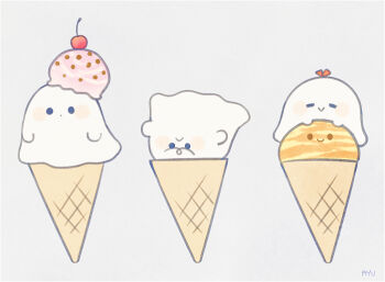 Rule 34 | :>, ayu (mog), blush stickers, cherry, closed eyes, commentary, commentary request, english commentary, food, food focus, fruit, ghost, grey background, ice cream, mixed-language commentary, no humans, original, romaji commentary, simple background, solid circle eyes