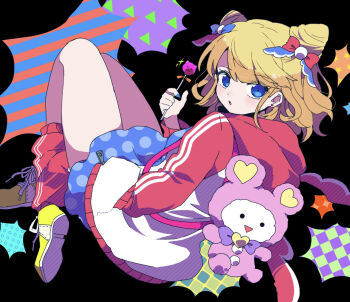 1girl black_background blonde_hair blue_bow blue_eyes blue_skirt bow candy cone_hair_bun curly_hair double_bun food full_body hair_bow hair_bun hand_in_pocket highres holding holding_candy holding_food holding_lollipop hood hood_down hooded_jacket jacket knees_up kuma_(pripara) lollipop long_sleeves looking_at_viewer looking_back minami_mirei nojima_minami polka_dot polka_dot_skirt pretty_series pripara red_bow red_socks redrawn shoes short_hair sitting skirt sneakers socks solo stuffed_animal stuffed_toy teddy_bear yellow_shoes