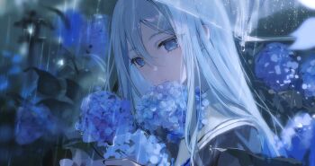 1girl absurdres blue_eyes blue_hair closed_mouth eamut1 flower hair_between_eyes hashtag-only_commentary highres holding holding_flower long_hair long_sidelocks looking_at_viewer outdoors project_sekai rain sailor_collar school_uniform serafuku shirt sidelocks solo transparent transparent_umbrella umbrella very_long_hair water_drop white_hair white_sailor_collar yoisaki_kanade