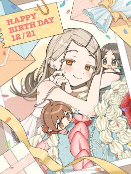 3girls ahoge arm_rest blush box brown_eyes brown_hair camisole chibi closed_mouth colored_eyelashes commentary dated earrings flipped_hair food food_on_face gakuen_idolmaster gift gift_box grey_hair hair_bun hanami_ume happy_birthday head_on_arm head_rest highres idolmaster jewelry kuramoto_china letter long_hair looking_ahead looking_at_another looking_at_viewer multiple_girls orange_eyes parted_bangs photo_(object) polaroid_photo shinosawa_hiro single_side_bun sks_(s3_rosquilla) smile strap_slip stud_earrings symbol-only_commentary upper_body white_camisole
