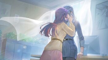 2girls belt black_belt blue_hair bracelet brown_belt cup curtains desktop_(computing) game_cg hand_on_another's_face highres indoors jewelry kiss long_hair love_curse:_find_your_soulmate mug multicolored_hair multiple_girls non-web_source official_art pale_skin pink_hair plant purple_hair selene_yan two-tone_hair victoria_qi yuri