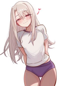 Rule 34 | 0nineo9, 1girl, absurdres, arms behind back, blush, breasts, buruma, commentary, english commentary, fate/stay night, fate (series), glowing, heart, highres, illyasviel von einzbern, long hair, looking at viewer, purple buruma, red eyes, shirt, short sleeves, sidelocks, small breasts, smile, solo, thighs, tiger dojo, white hair, white shirt