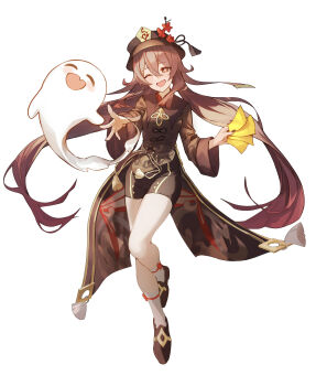 1girl ;d absurdres black_shorts boo_tao_(genshin_impact) brown_coat brown_hair coat coattails fang flower flower-shaped_pupils full_body genshin_impact ghost hair_between_eyes hat hat_flower highres holding hu_tao_(genshin_impact) long_hair long_sleeves looking_at_viewer ohh_sehh one_eye_closed open_mouth plum_blossoms porkpie_hat red_eyes shoes short_shorts shorts simple_background smile socks solo symbol-shaped_pupils talisman twintails very_long_hair white_background white_socks