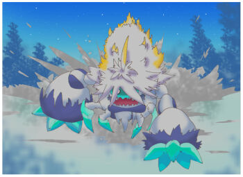 Rule 34 | border, commentary request, crabominable, full body, gen 7 pokemon, highres, ice, mega crabominable, mega pokemon, night, nintendo, open mouth, outdoors, pokemon, pokemon (creature), pokemon focus, running, sky, snow, star (sky), starry sky, tree, tsuyo mark2, white border