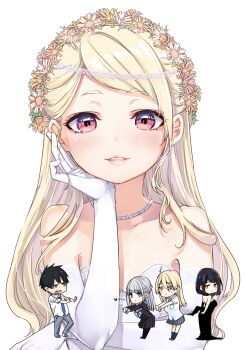 1boy 4girls akutsu_masatora amane_lily azuma_sawayoshi black_dress black_hair blonde_hair character_request chibi commentary_request dress elbow_gloves flat_chest flower_hairband gloves grey_hair heterochromia highres light_smile long_hair looking_at_viewer multiple_girls oroka_na_tenshi_wa_akuma_to_odoru parted_lips red_eyes wedding_dress white_dress