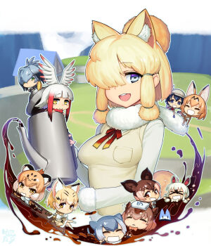 &gt;_&lt; 10s 6+girls :&lt; :d =_= alpaca_ears alpaca_suri_(kemono_friends) animal_ears bathing black_hair blonde_hair blue_eyes blue_hair blunt_bangs blush blush_stickers bow bowtie breast_pocket breasts brown_eyes brown_hair bucket_hat capybara_(kemono_friends) chibi closed_eyes closed_mouth coffee coffee_pot creature elbow_gloves eyelashes fennec_(kemono_friends) fur-trimmed_sleeves fur_collar fur_trim gloves gradient_hair green_eyes grey_hair grey_hat grin hair_between_eyes hair_over_one_eye hair_tie hat head_wings high-waist_skirt highres holding house jaguar_(kemono_friends) japanese_crested_ibis_(kemono_friends) japari_symbol kaban_(kemono_friends) kemono_friends liquid long_hair long_sleeves looking_at_viewer lucky_beast_(kemono_friends) medium_breasts mini_person minigirl multicolored_hair multiple_girls okapi_(kemono_friends) open_mouth outdoors parted_lips peeking_out pocket red_hair red_ribbon ribbon round_teeth sand_cat_(kemono_friends) serval_(kemono_friends) shirt shoebill_(kemono_friends) short_hair sidelocks skirt sleeveless sleeveless_shirt small-clawed_otter_(kemono_friends) smile southern_tamandua_(kemono_friends) streaked_hair sweat taketora_suzume tareme teeth towel towel_on_head triangle_mouth tsurime upper_body white_gloves white_hair white_shirt wings yellow_skirt