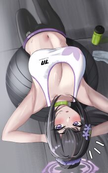 1girl :o absurdres armpits arms_behind_head ball bare_shoulders black_hair black_pants blue_archive bottle breasts choker cleavage collarbone commentary exercising exercise_ball flower green_choker hair_flower hair_ornament hair_scrunchie halo highres hum455 large_breasts long_hair looking_to_the_side midriff navel notice_lines pants parted_lips ponytail purple_eyes purple_scrunchie scrunchie shadow sidelocks solo sports_bra sumire_(blue_archive) sweat towel upside-down water_bottle white_sports_bra yoga_pants