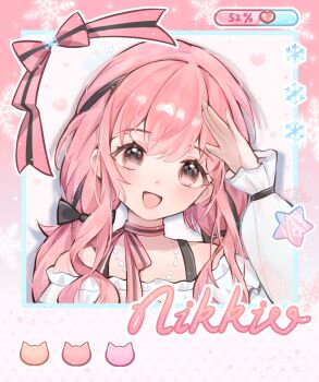 Rule 34 | 1girl, bare shoulders, bead necklace, beads, black bow, black ribbon, border, bow, bow choker, bowtie, bra strap, brown eyes, cat, character name, choker, commentary request, dot nose, eyelashes, frilled sleeves, frills, gradient border, hair bow, hair ribbon, halftone, hand on own head, happy, heart, heart background, highres, infinity nikki, jewelry, lanlan zhi jiabing, light blush, light particles, long hair, long sidelocks, long sleeves, low twintails, necklace, nikki (nikki), nikki (series), off-shoulder shirt, off shoulder, open mouth, perfect start (infinity nikki), pink border, pink bow, pink bowtie, pink choker, pink hair, polaroid photo, polka dot, polka dot background, puffy long sleeves, puffy sleeves, ribbon, see-through clothes, see-through sleeves, shadow, shirt, sidelocks, signature, single stripe, sleeves past wrists, smile, snowflakes, solo, star (symbol), striped bow, striped bowtie, striped choker, striped clothes, tareme, tress ribbon, twintails, two-tone border, upper body, wavy hair, whimstar (infinity nikki), white background, white border, white shirt