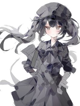 1girl absurdres bandaged_arm bandages black_hair black_hat black_ribbon chinese_commentary closed_mouth commentary_request cowboy_shot dress expressionless floating_hair grey_dress grey_eyes gun hat highres kurobe_nanoka long_hair long_sleeves looking_at_viewer mahou_shoujo_no_majo_saiban naojiang_fensan_xi neck_ribbon ribbon simple_background solo standing twintails weapon white_background