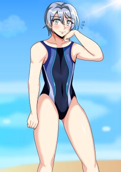 Rule 34 | 1boy, absurdres, beach, blue one-piece swimsuit, blush, commission, crossdressing, crossdressing (mtf), eiyuu densetsu, grey eyes, highres, kuro skyline - kurome, kurt vander, one-piece swimsuit, sen no kiseki, sen no kiseki (series), sen no kiseki iii, swimsuit, two-tone one-piece swimsuit, vgen commission