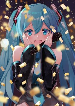 1girl aqua_eyes aqua_hair aqua_necktie aqua_trim bare_shoulders collared_shirt commentary_request confetti crying crying_with_eyes_open detached_sleeves grey_shirt hair_between_eyes hair_ornament hands_on_own_cheeks hands_on_own_face hatsune_miku headset highres holding holding_microphone long_hair looking_at_viewer microphone necktie open_mouth shirt sleeveless sleeveless_shirt solo takepon1123 tears twintails upper_body very_long_hair vocaloid