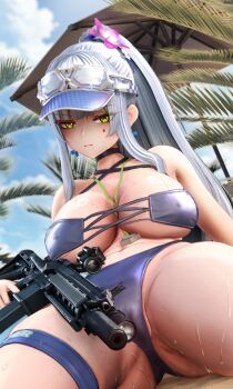 Rule 34 | absurdres, arm behind back, assault rifle, atla 762, between breasts, bikini, blue bikini, blue hair, breasts, cross, cross-laced bikini, cross-laced clothes, earrings, eyewear on head, facepaint, from below, girls' frontline, girls' frontline 2: exilium, green eyes, gun, highres, hk416 (girls' frontline), holding, holding gun, holding weapon, iron cross, jewelry, klukai (cerulean breaker) (girls' frontline 2), klukai (girls' frontline 2), legs apart, light frown, long hair, looking at viewer, looking down, lying, medium breasts, navel, on back, ponytail, rifle, shaded face, skindentation, sunglasses, swimsuit, teardrop, thigh strap, thighs, very long hair, visor cap, weapon, wet bikini
