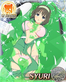 1girl :o antenna_hair arms_at_sides blue_eyes bob_cut border bound bra breasts brown_hair card_(medium) character_name cleavage creature dissolving dissolving_clothes from_above game_cg green_hairband green_jumpsuit groin hairband jumpsuit large_breasts looking_at_viewer medium_hair navel official_art panties pink_bra pink_panties senran_kagura senran_kagura_new_wave side-tie_panties slime_(creature) slime_(substance) solo syuri_(senran_kagura) torn_clothes torn_panties underwear