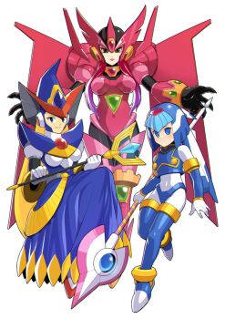 3girls android berkana_(mega_man) blonde_hair blue_eyes blue_robe breasts commentary_request fairy_leviathan_(mega_man) ferham_(mega_man) flat_chest full_body green_eyes hat helmet holding holding_polearm holding_staff holding_weapon hypericum_(mppv1862) in-franchise_crossover large_breasts long_hair looking_at_viewer mechanical_hair mechanical_wings medium_breasts mega_man_(series) mega_man_x:_command_mission mega_man_x_(series) mega_man_xtreme_2 mega_man_zero_(series) multiple_girls parted_lips polearm red_hair robe spear staff thighhighs very_long_hair weapon white_background wings witch_hat