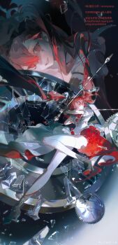 2girls absurdres afire asymmetrical_legwear black_background boots broken_glass clock_face colored_shoe_soles commission cross-laced_clothes cross-laced_legwear double-parted_bangs dress dual_wielding facial_mark flower flower_ornament from_below full_body gear_hair_ornament gears giant giantess glass glass_shards hair_between_eyes high_heel_boots high_heels highres holding holding_weapon legband long_hair looking_at_viewer mark_under_eye multiple_girls original oversized_object parted_lips polearm puffy_short_sleeves puffy_sleeves red_dress red_eyes red_flower red_hair red_rose roman_numeral rose shards short_sleeves single_thighhigh star_(symbol) star_facial_mark stiletto_heels thighhighs twintails two-sided_dress two-sided_fabric two-tone_dress very_long_hair watermark weapon weibo_username weibo_watermark white_dress white_thighhighs