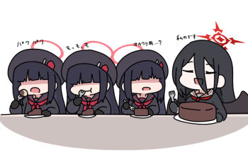 4girls :d beret black_gloves black_hair black_hat black_sailor_collar black_shirt black_wings blue_archive closed_eyes closed_mouth eating faceless faceless_female food food_request fork gloves hair_between_eyes hair_over_eyes halo hasumi_(blue_archive) hat holding holding_fork justice_task_force_member_(blue_archive) long_sleeves mouth_visible_through_hair multiple_girls neckerchief nyaru_(nyaru_4126) open_mouth puffy_long_sleeves puffy_sleeves red_neckerchief sailor_collar school_uniform serafuku shirt simple_background smile translation_request upper_body white_background white_sailor_collar wings