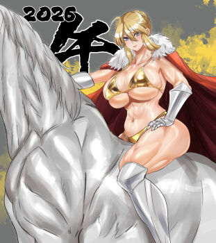 1girl 2026 artoria_pendragon_(fate) artoria_pendragon_(lancer)_(fate) bikini blonde_hair blue_eyes breasts cape chinese_zodiac commentary_request dun_stallion_(fate) fate/grand_order fate_(series) gold_bikini highres horse huge_breasts koucha_indian looking_at_viewer navel red_cape riding riding_animal sidelocks sitting swimsuit year_of_the_horse