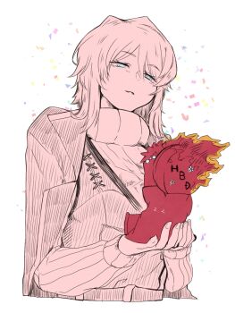 1girl birthday blue_eyes character_doll clock coat coat_on_shoulders confetti dante_(limbus_company) dated doll eyelashes faust_(project_moon) fingernails flaming_head gift happy_birthday highres limbus_company medium_hair project_moon simple_background stuffed_toy sweater vest white_background yuta_(yuta_rkgk)