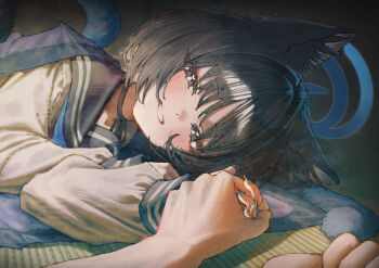 1girl animal_ears betabeet black_hair blue_archive cat_ears cat_tail commentary fingernails halo haori highres holding_hands japanese_clothes kikyou_(blue_archive) long_sleeves looking_at_viewer lying multiple_tails nail_polish on_side pov pov_hands school_uniform serafuku shirt tail tatami two_tails upper_body white_shirt