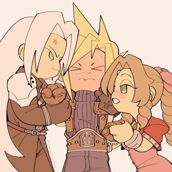 &gt;_&lt; 1girl 2boys aerith_gainsborough anger_vein armor armored_gloves bangle belt black_coat black_gloves black_pants blonde_hair blue_pants blue_shirt blush bracelet braid braided_ponytail brown_belt brown_gloves brown_hair chibi chibi_only choker chomchomchomp clenched_hands cloud_strife coat cropped_jacket dress final_fantasy final_fantasy_vii furrowed_brow gloves green_eyes grey_hair hair_ribbon half-closed_eyes highres holding_another&#039;s_wrist holding_hands jacket jewelry long_hair multiple_boys pants parted_bangs parted_lips pauldrons pink_dress pink_ribbon red_jacket ribbon ribbon_choker sephiroth shirt short_hair shoulder_armor sidelocks single_braid single_pauldron sleeveless sleeveless_turtleneck smile spiked_hair suspenders sweatdrop turtleneck upper_body white_background