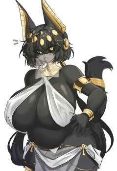 1girl absurdres ancient_egyptian_clothes animal_ears ankh anubis_(mythology) armlet bare_shoulders black_fur black_hair black_sclera black_skin body_fur bracelet breasts colored_sclera colored_skin commentary cowboy_shot dog_ears dog_girl dog_tail english_commentary fang furry furry_female gold gold_armlet gold_bracelet hair_between_eyes hair_ornament hand_on_own_hip highres huge_breasts jewelry long_hair looking_at_viewer mouth_veil nangmanheeyou open_mouth original pelvic_curtain plump simple_background skin_fang sling_bikini_top solo tail tail_ornament tail_ring thick_thighs thighs twintails usekh_collar veil white_background white_veil yellow_eyes