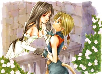 1boy 1girl 2001 artist_name bad_id balcony bare_shoulders belt black_hair blonde_hair blue_eyes blue_vest blue_wrist_cuffs breasts bridal_gauntlets brown_belt brown_ribbon cleavage commentary_request dress final_fantasy final_fantasy_ix flower garnet_til_alexandros_xvii glove_cuffs gloves grey_gloves hair_ribbon hand_on_another's_face holding_hands jewelry long_hair looking_at_another low-tied_long_hair low_ponytail medium_breasts monkey_tail necklace orange_eyes ponytail ribbon rose saikachi_(ogre_tree) short_hair strapless strapless_dress tail vest white_bridal_gauntlets white_dress white_flower white_rose wrist_cuffs yellow_tail zidane_tribal