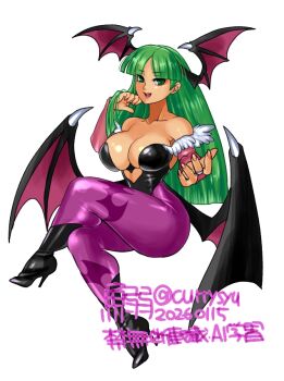 Rule 34 | 1girl, bare shoulders, black leotard, black wings, breasts, closed mouth, collarbone, commentary request, crossed legs, darkstalkers, dated, demon girl, demon wings, green eyes, green hair, head wings, invisible chair, large breasts, leotard, long hair, morrigan aensland, multiple wings, pantyhose, print pantyhose, purple pantyhose, purple wings, signature, simple background, sitting, solo, tokisige, twitter username, white background, wings