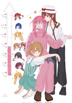 6+girls ahoge black_hat black_pants blonde_hair blue_eyes blue_hair bocchi_the_rock! braid brown_hair brown_shoes corrupted_twitter_file cube_hair_ornament dress fan_1-gou fan_2-gou girl_sandwich gotoh_hitori green_dress green_eyes grey_skirt hair_ornament hand_on_another&#039;s_neck hat heart highres hiroi_kikuri holding_hands ijichi_nijika ijichi_seika jacket kiss_meter_(meme) kita_ikuyo lipstick_mark lipstick_mark_on_arm lipstick_mark_on_face lipstick_mark_on_hand long_hair meme multiple_girls one_eye_closed one_side_up ootsuki_yoyoko open_mouth pants parted_lips pinafore_dress pink_hair pink_jacket pink_pants pleated_skirt purple_hair red_eyes red_hair sandwiched shirt shoes short_hair side_ponytail single_braid sitting skirt sleeveless sleeveless_dress smile sparkle standing starstruckkmess track_jacket twintails white_hat white_shirt yamada_ryo yellow_eyes yuri