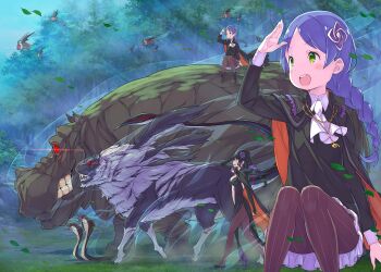 2girls :d absurdres animal ascot bird black_bridal_gauntlets black_cloak black_dress black_hair black_shirt black_shoes blue_eyes blue_hair blush braid braided_ponytail breasts bridal_gauntlets child chimera cleavage cloak clothing_cutout cobra_(animal) collared_cloak collared_dress commentary_request dress elsa_granhilte feet_out_of_frame flower forest frilled_dress frills from_side full_body glowing glowing_eyes green_eyes hair_flower hair_ornament hand_up high_heels highres jewelry large_breasts leaf lion long_hair long_sleeves meili_portroute multicolored_cloak multiple_girls multiple_views nature navel_cutout necklace novel_illustration official_art ootsuka_shin&#039;ichirou open_mouth outdoors pantyhose parted_bangs profile purple_eyes purple_flower purple_rose re:zero_kara_hajimeru_isekai_seikatsu rose shirt shoes side_slit sitting smile striped_clothes striped_pantyhose tareme teeth two-sided_cloak two-sided_fabric upper_teeth_only vertical-striped_clothes vertical-striped_pantyhose white_ascot winged_animal