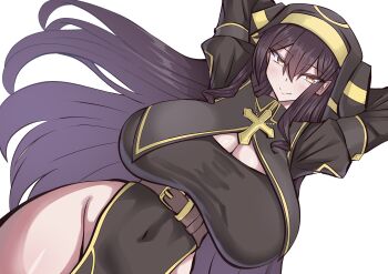 1girl absurdres arms_behind_head arms_up belt black_hair breasts brown_eyes cleavage_cutout clothing_cutout commentary_request cross gen_2_pokemon groin highres large_breasts long_hair looking_at_viewer nintendo nun personification pokemon smile solo tabard umbreon yokomiya4538
