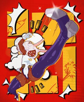1girl animal_ears boku_no_hero_academia dark-skinned_female dark_skin dynamic_pose foreshortening gloves grin highres incoming_kick kicking leotard long_eyelashes long_hair mirko notice_lines purple_thighhighs rabbit_ears rabbit_girl red_background red_eyes skindentation smile snailbrunch solo thighhighs white_gloves white_hair white_leotard