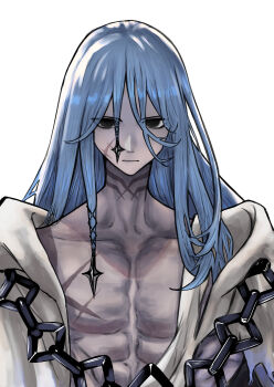 Rule 34 | 1boy, 25000 25, absurdres, azrael (grand assassin) (fate), bags under eyes, black eyes, blue hair, colored skin, dark-skinned male, dark skin, facial scar, fate/grand order, fate (series), grey skin, hair between eyes, hair ornament, highres, long hair, looking at viewer, male focus, pectorals, scar, scar on cheek, scar on chest, scar on face, scar on neck, simple background, solo, upper body, white background
